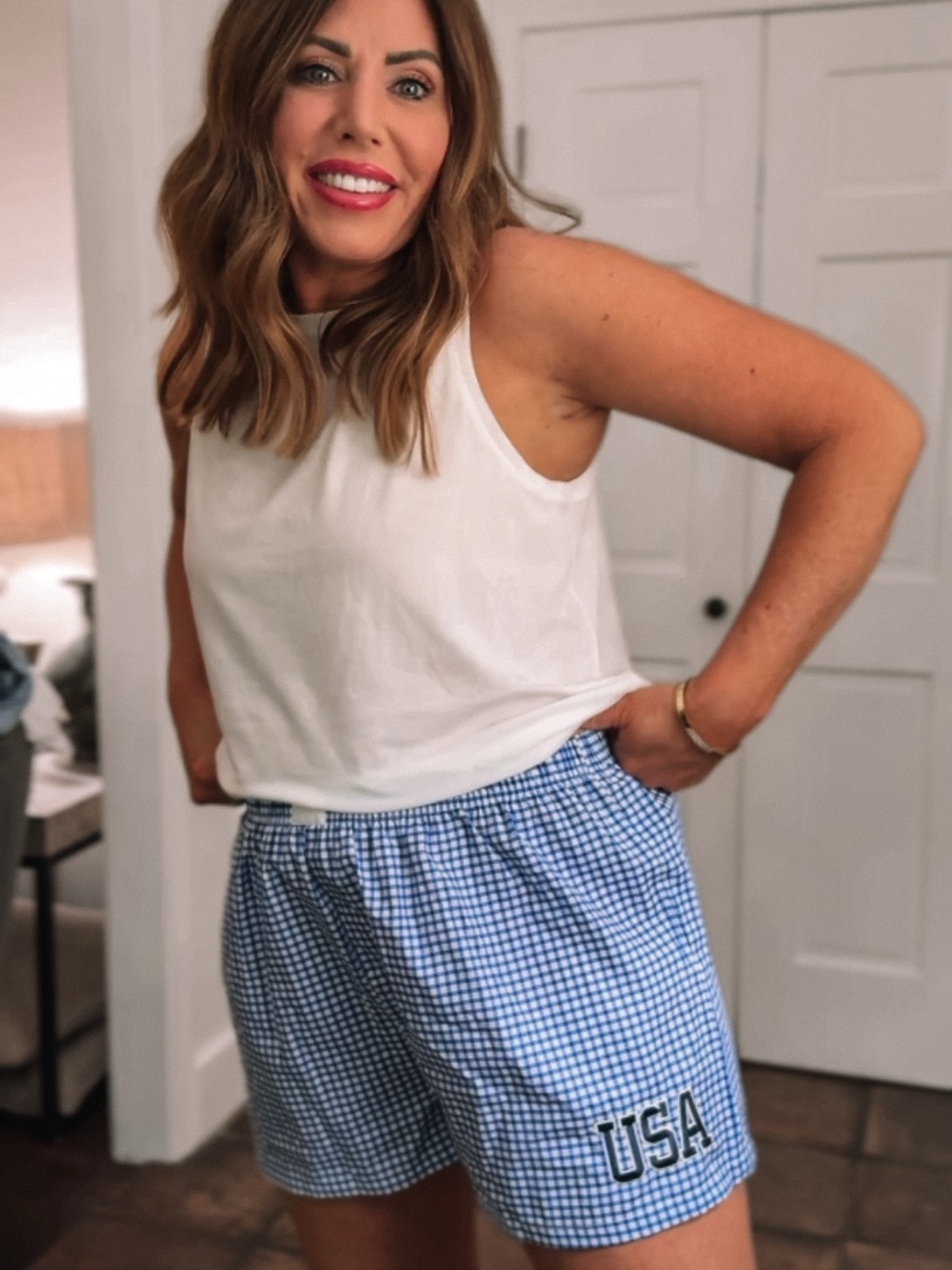 EUC Grayson Threads Blue Gingham 'USA' Lounge Shorts, size large